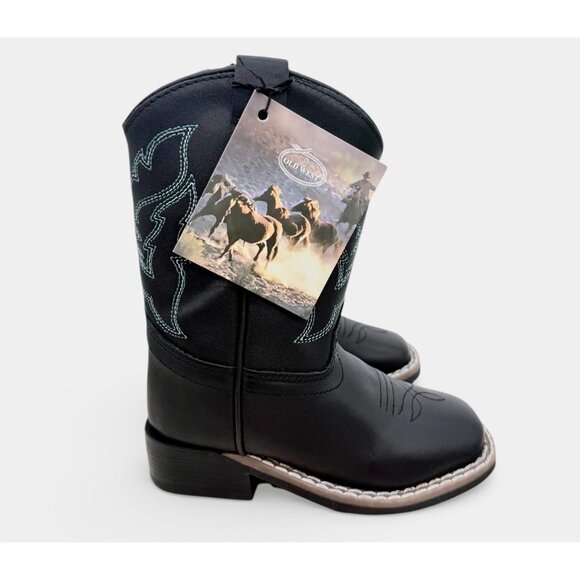 Old West Leather Toddler Kids Cowboy Boots Black Western Stitch Pull-On Size 6 - Picture 2 of 10